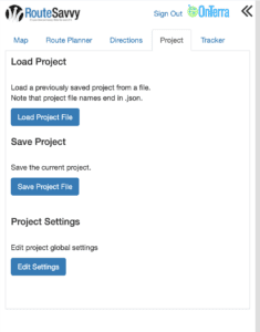 View of RouteSavvy Project tab.