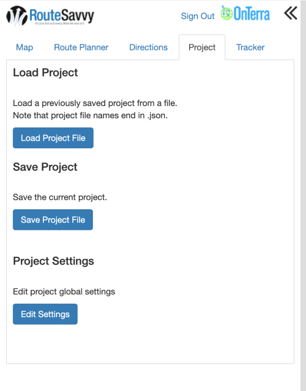 View of RouteSavvy Project tab.